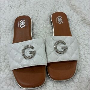 G by Guess White Quilted Slide Sandals with Silver Logo